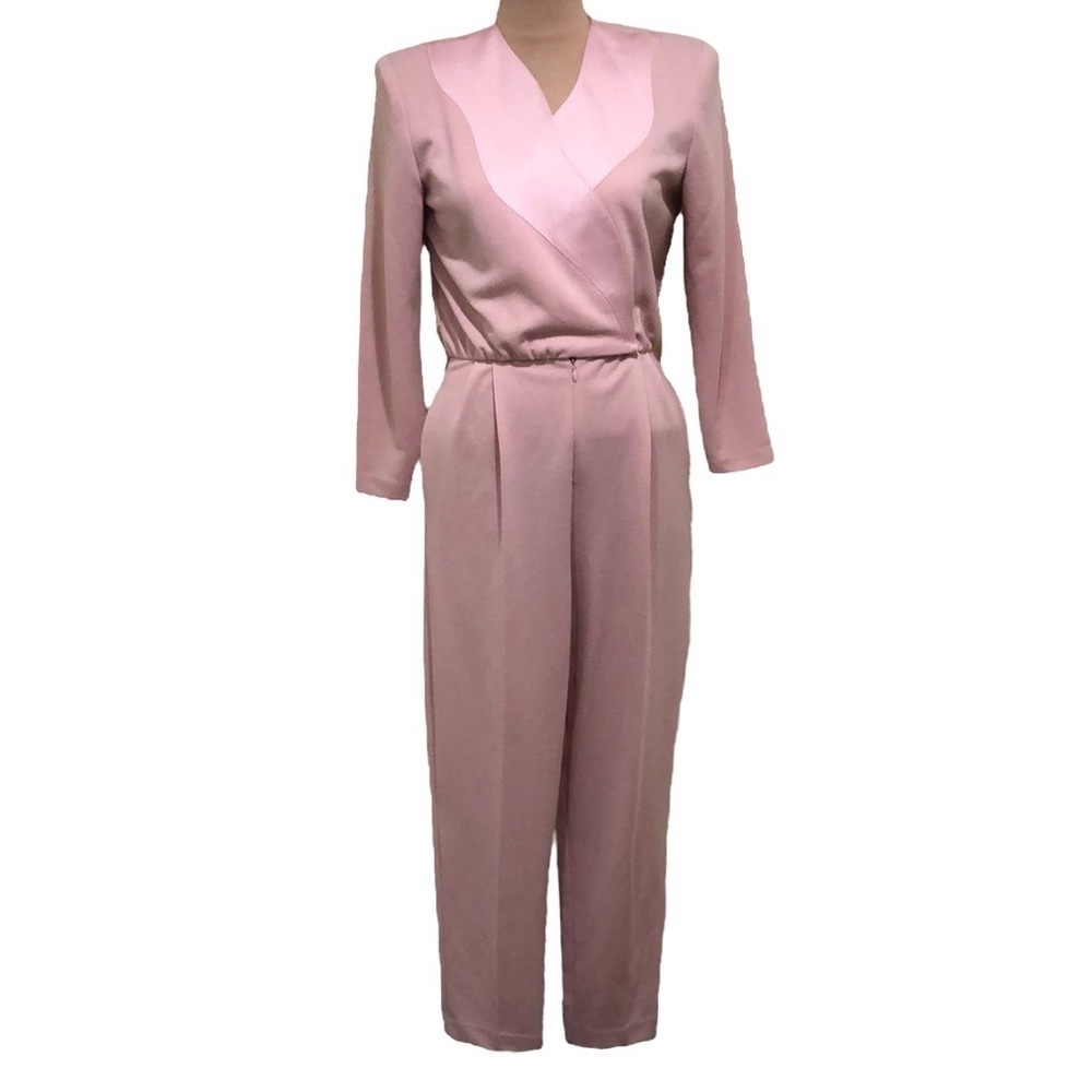 Vintage 80s Jumpsuit Size Small Pastel Blush Pink Long Sleeve Padded Shoulders